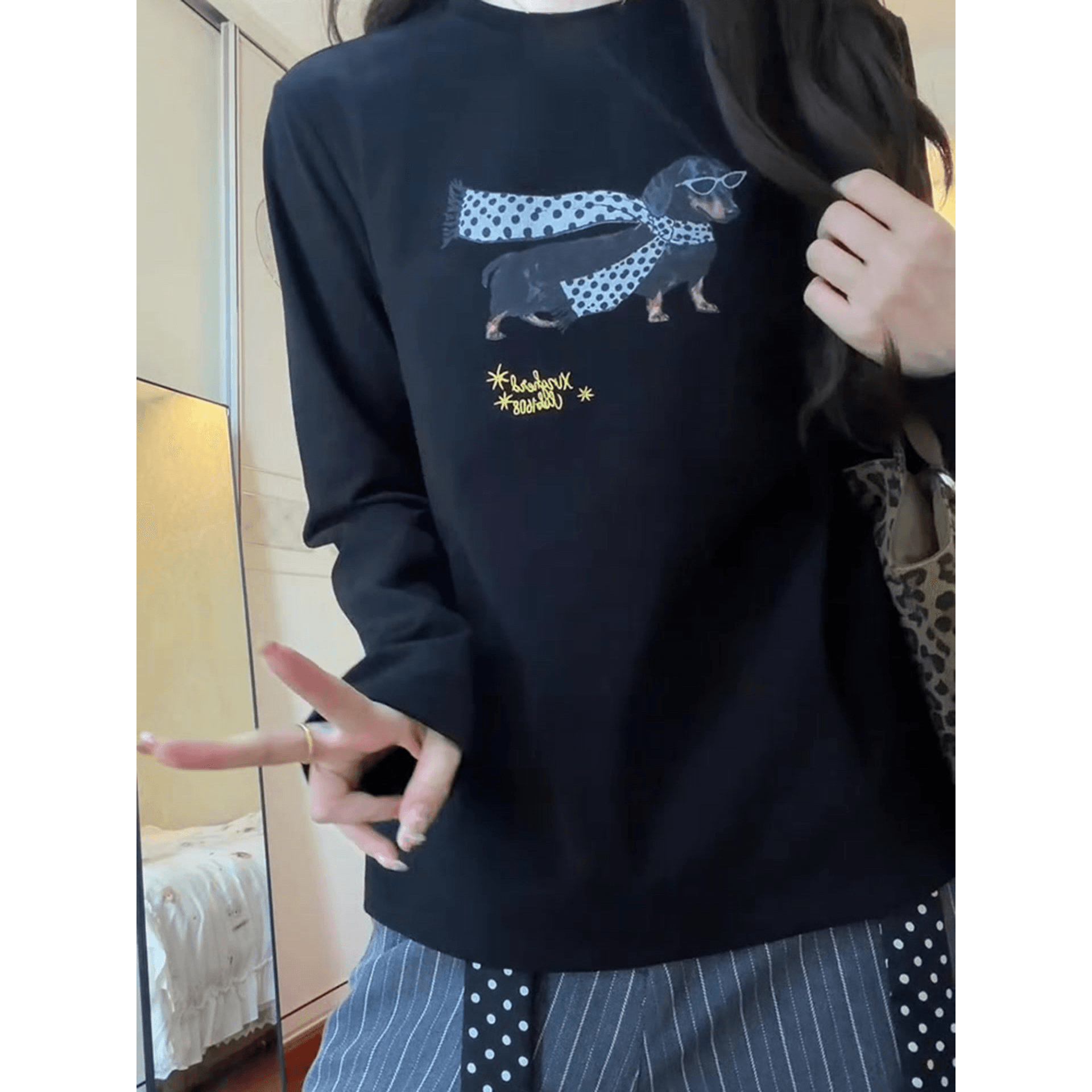 높은 품질 순면 200그램 21 빗질하다 정밀 프린트 가을 루즈핏 긴팔 티셔츠 여성 이미지 5
