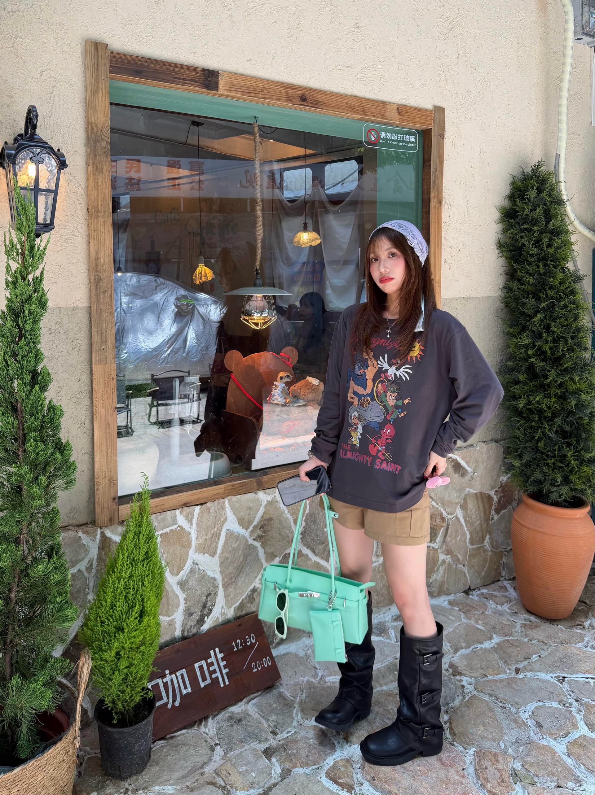 한 부서 순면 200그램 21 음식 털 프린트 루즈핏 만나는 손 소매 뭉치 구두 긴팔 티셔츠 여성 이미지 2