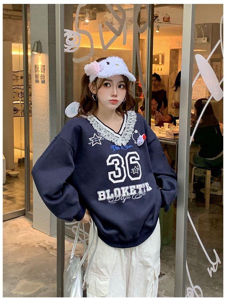 순수한 Mianhua 면 한 부서 레이스 레이스 V넥 캐주얼 ins 공개 애버딘 후드티 여성 얇은 스타일 맨위 상세 이미지 6