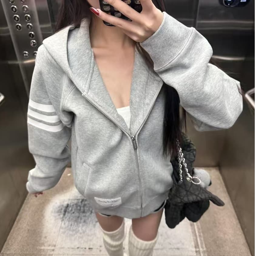 얇은 스타일 털이 있는 원본 인사이드 막대기 소매 타이로드 순수한 Mianhua 면 복합 지퍼 후드티 여성