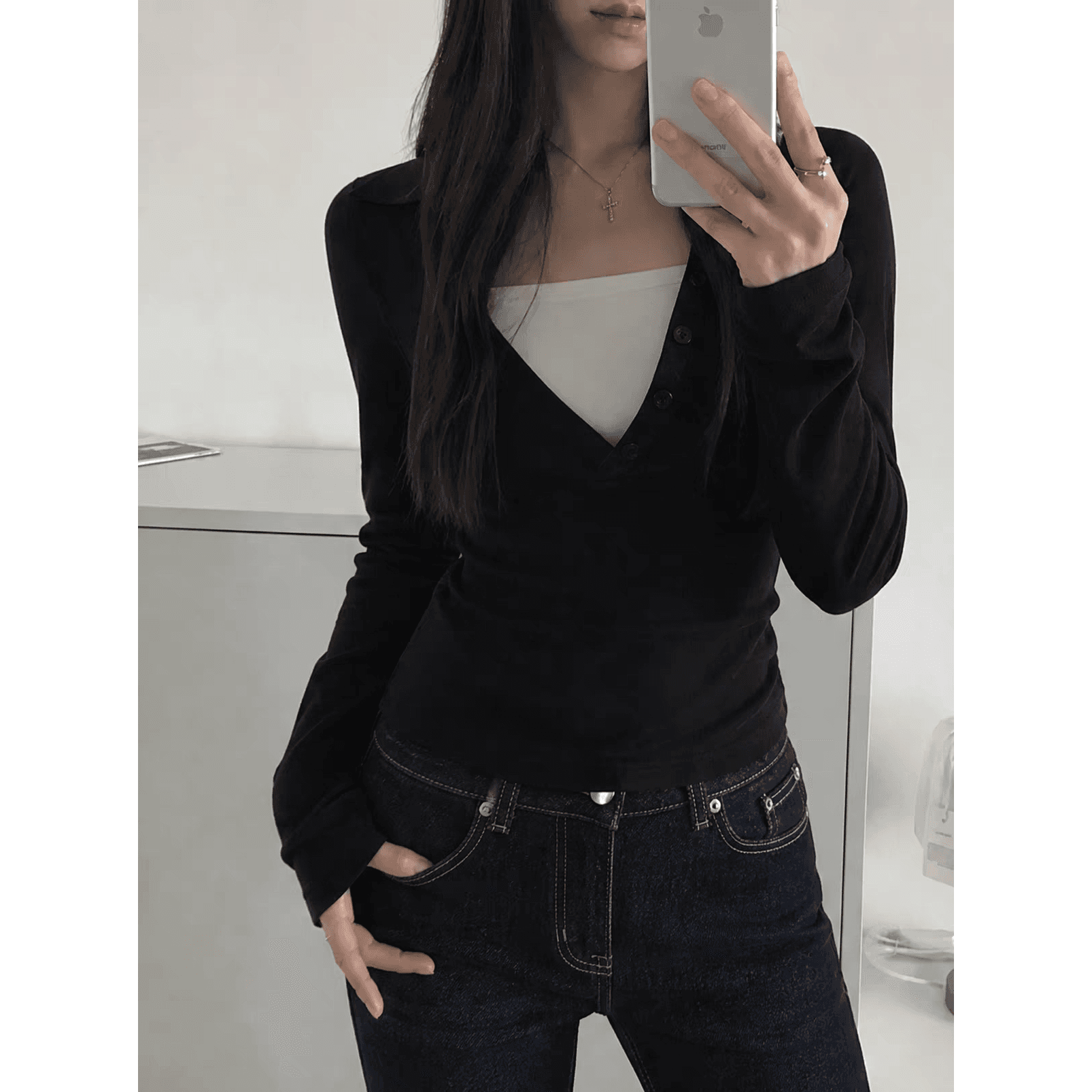 40 순면 210 그램 레트로 페이크 레이어드 배색 POLO 칼라 긴팔 섹시함 핫걸 맨위 이미지 5