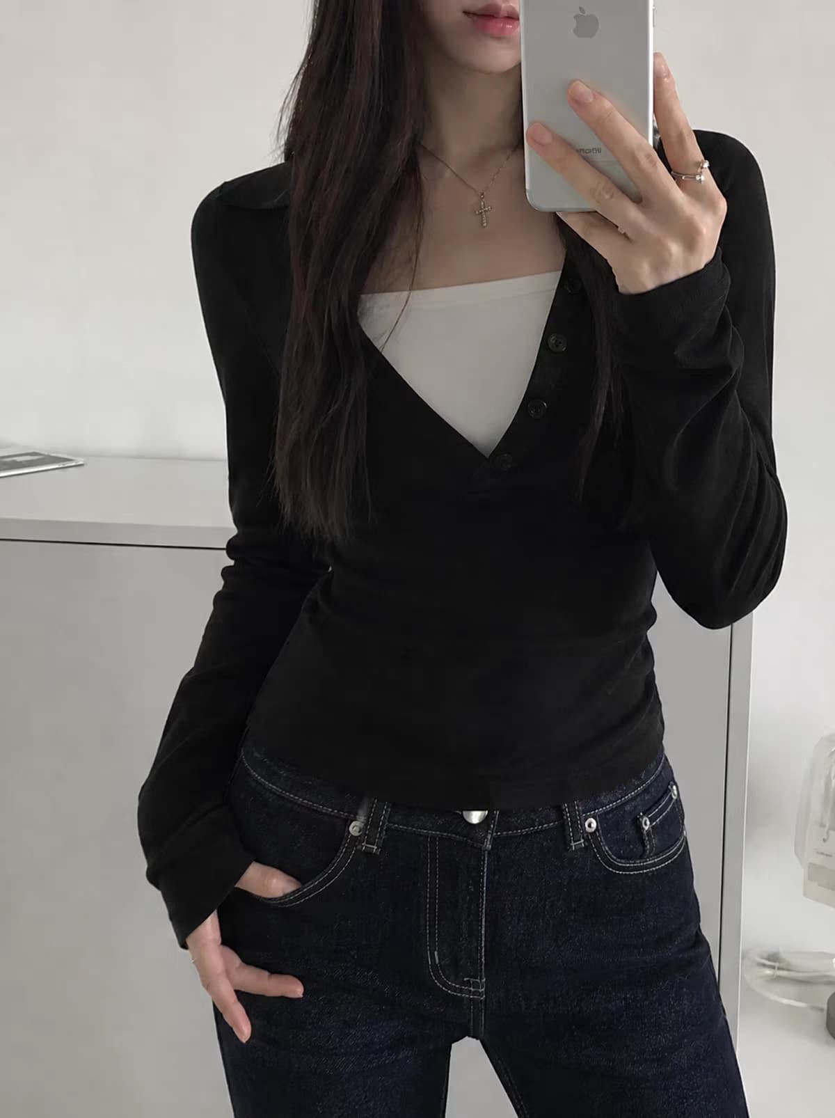 40 순면 210 그램 레트로 페이크 레이어드 배색 POLO 칼라 긴팔 섹시함 핫걸 맨위 이미지 4