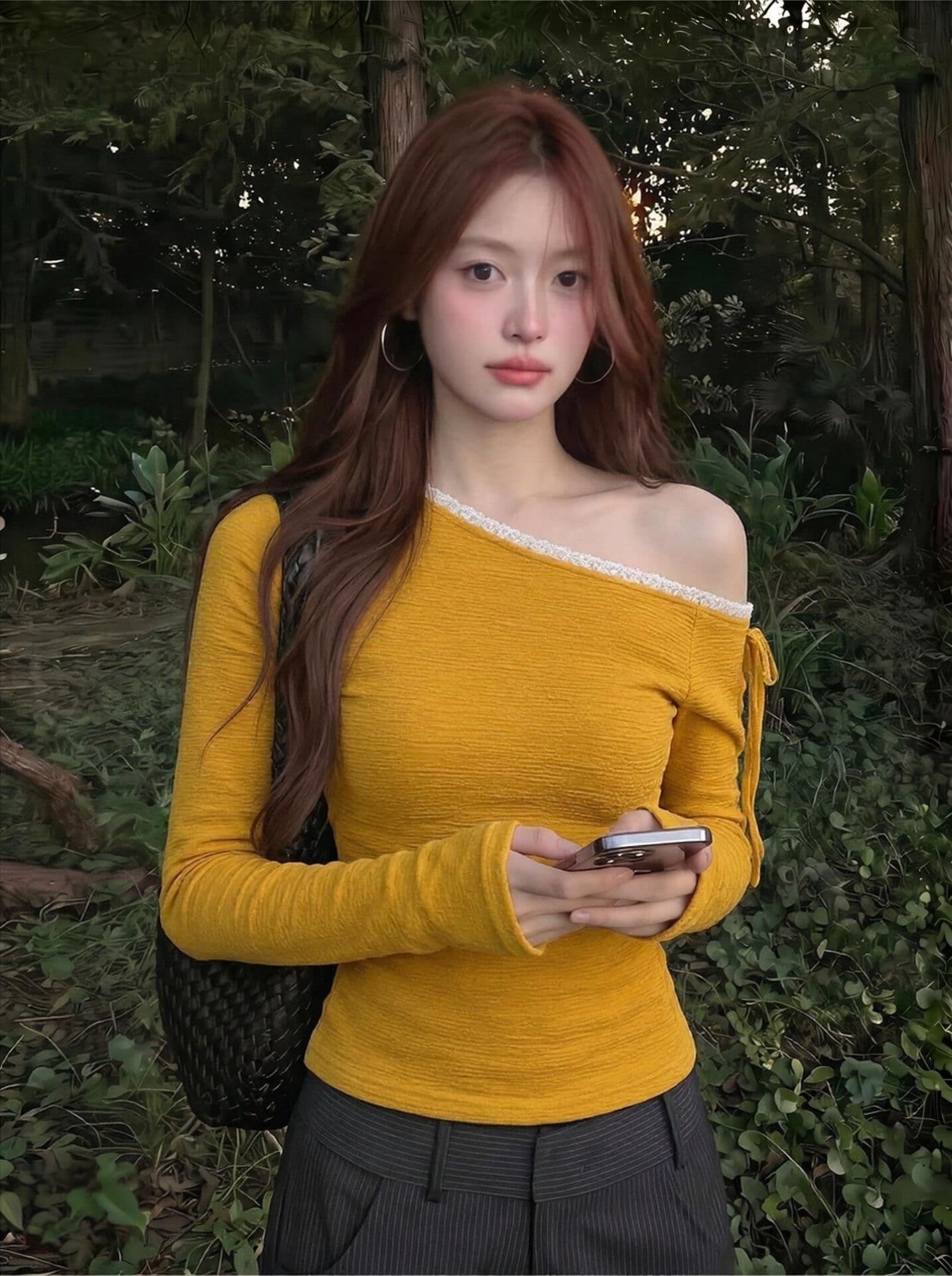 원본 원단 솜씨 질감 센스 스트랩 비스듬한 어깨 긴팔 티셔츠 여성 몸매 가꾸기 품격 맨위 이미지 2