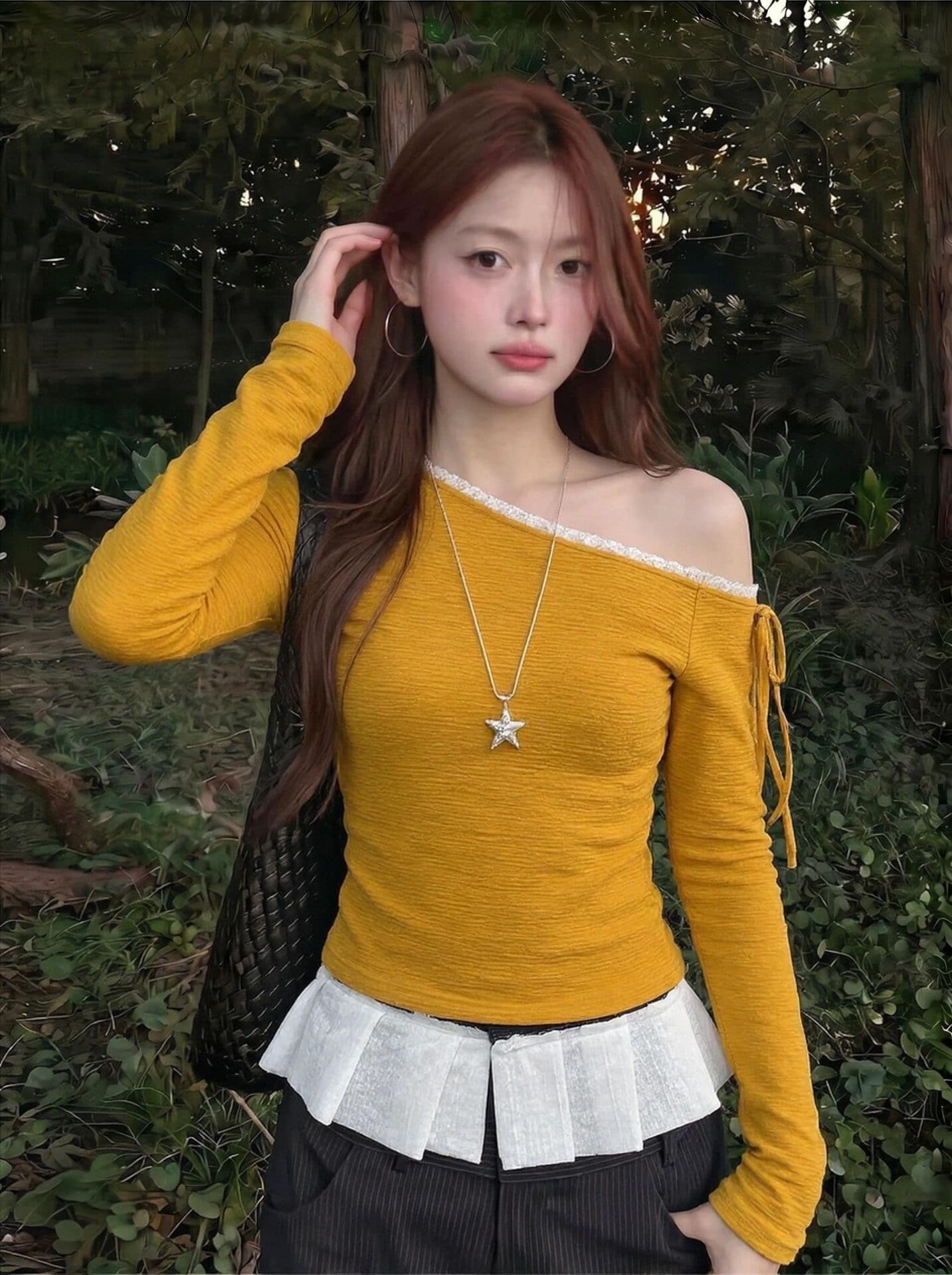 원본 원단 솜씨 질감 센스 스트랩 비스듬한 어깨 긴팔 티셔츠 여성 몸매 가꾸기 품격 맨위 상세 이미지 4