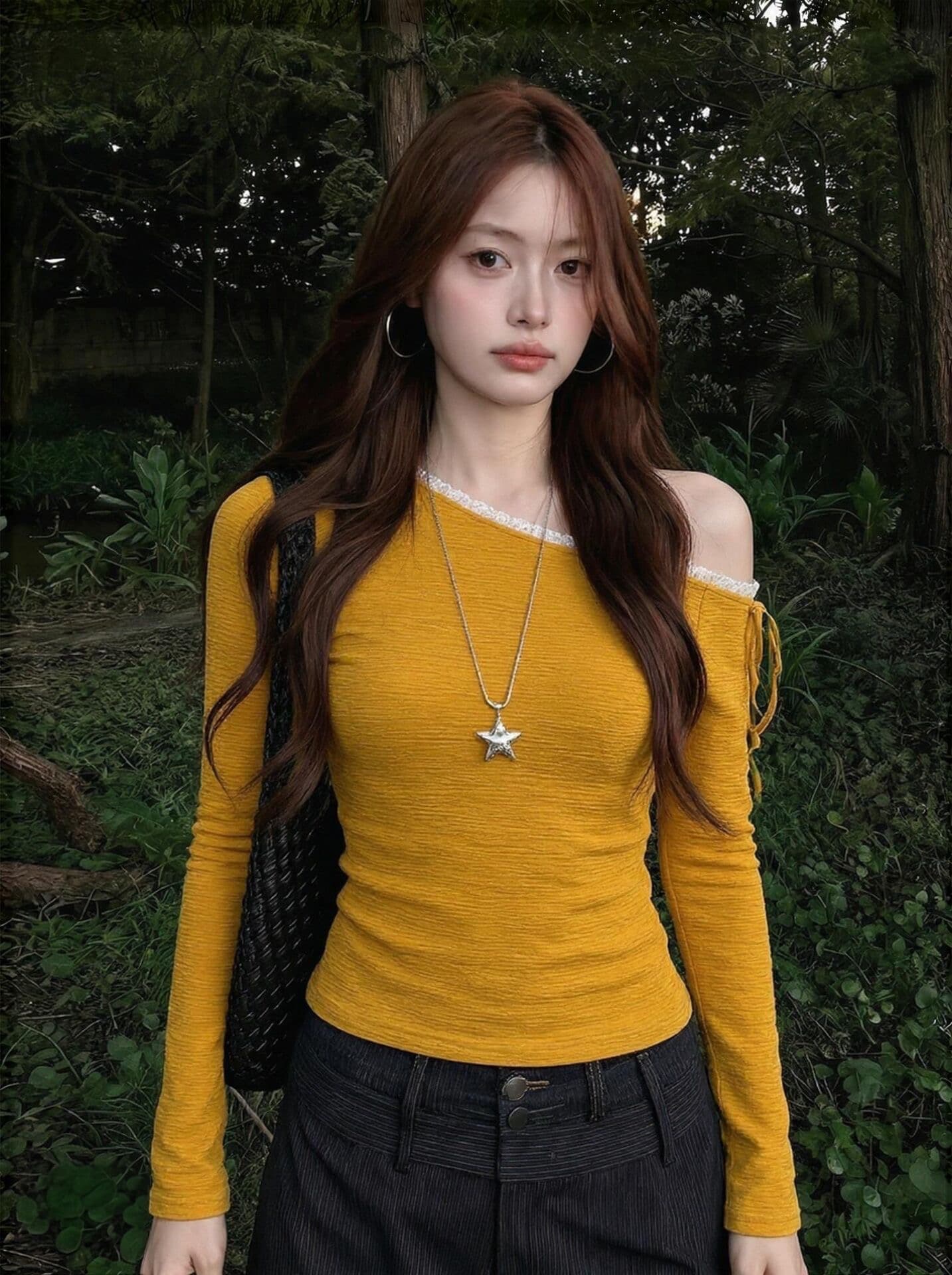 원본 원단 솜씨 질감 센스 스트랩 비스듬한 어깨 긴팔 티셔츠 여성 몸매 가꾸기 품격 맨위 상세 이미지 5