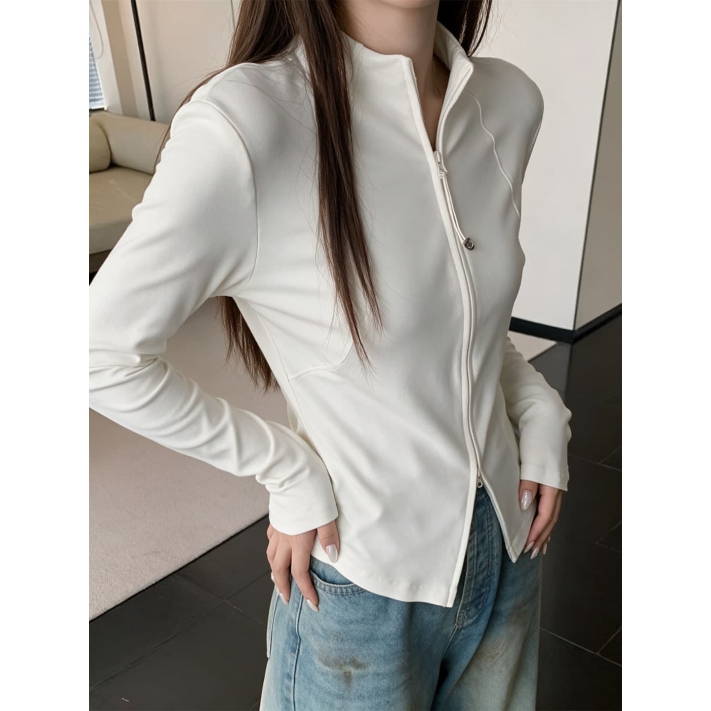 40 순면 리브 210 그램 1 1 디자인 센스 더블 지퍼 스탠드 칼라 긴팔 티셔츠 여성 오픈 가디건 이미지 3