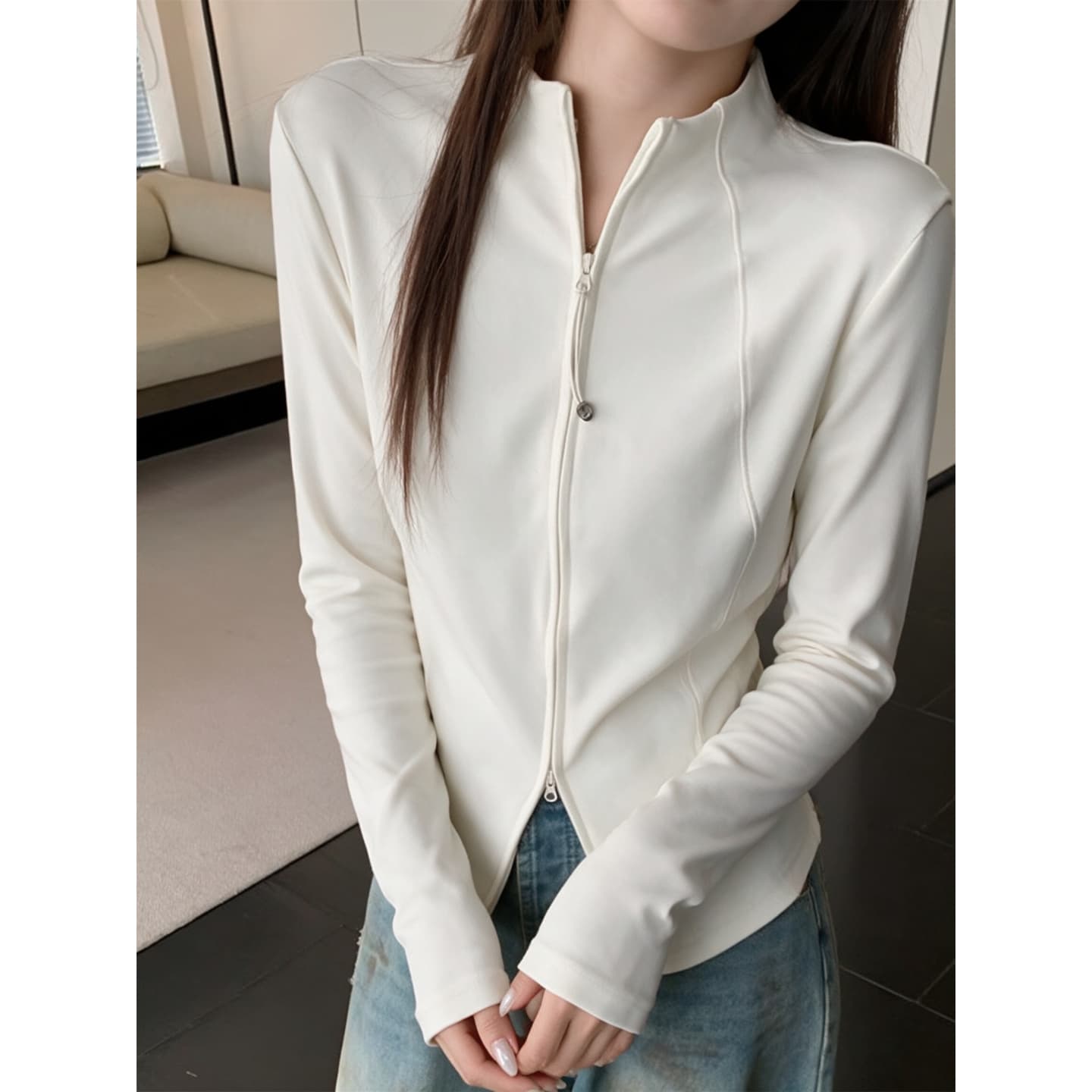 40 순면 리브 210 그램 1 1 디자인 센스 더블 지퍼 스탠드 칼라 긴팔 티셔츠 여성 오픈 가디건 이미지 5