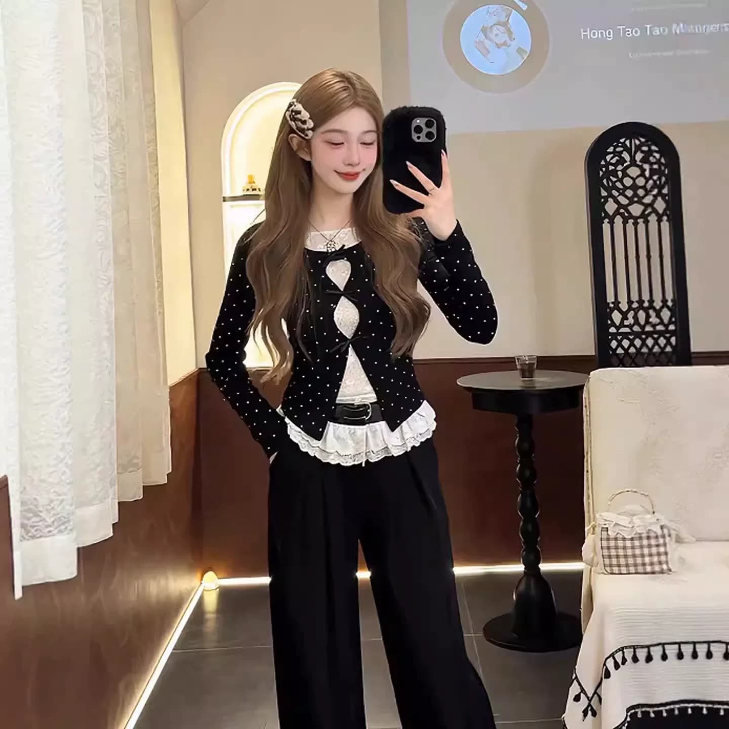 260 그램 와 사고 방식 순수한 욕망 한 부서 검정색 레이스 레이스 여성 봄 가을 디자인 센스 작은 대중 루즈핏 맨위 이미지 4