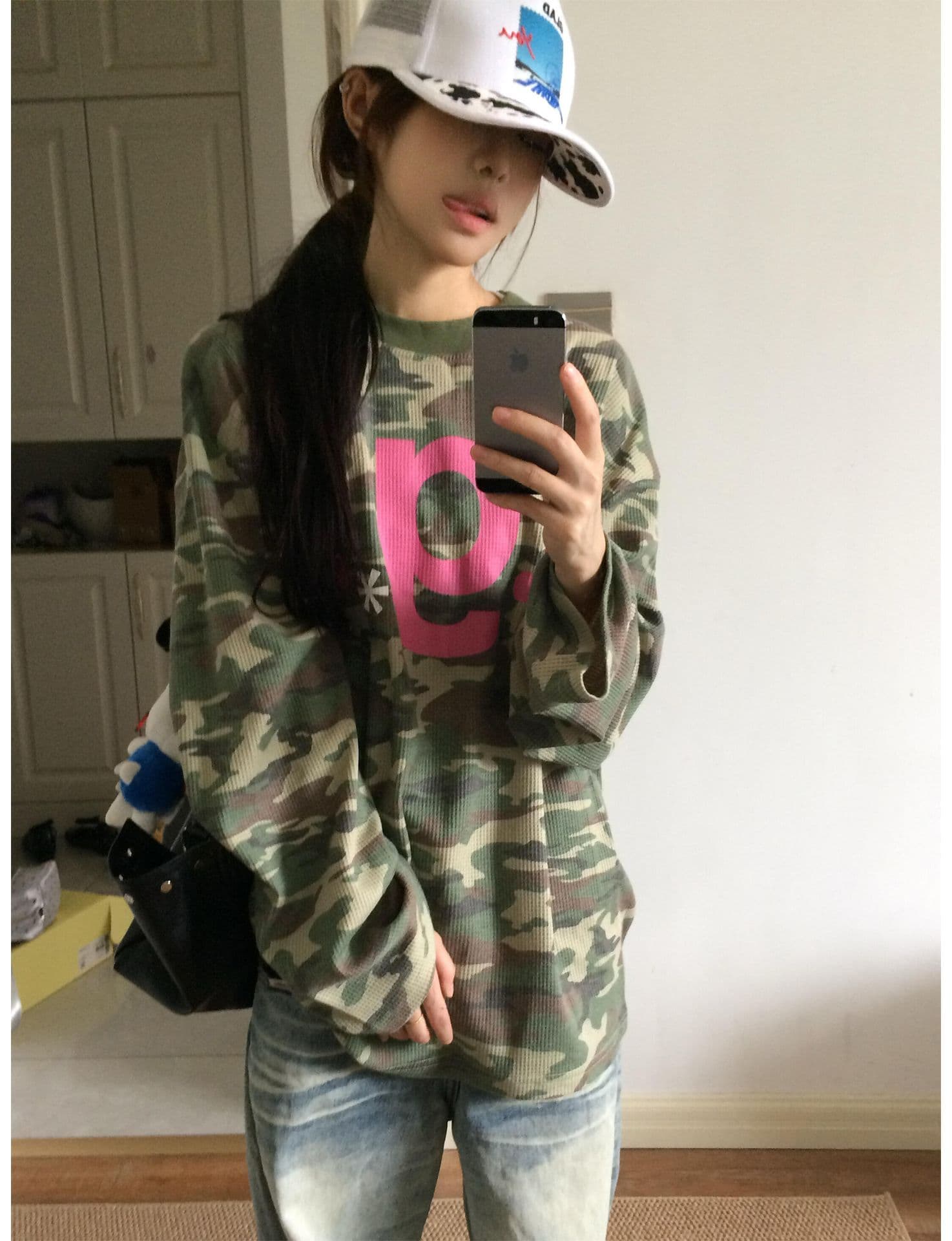후아 남편 그리드 원본 크기 이후 패키지 칼라 프린트 카모플라주 티셔츠 여성 셔츠 상세 이미지 3