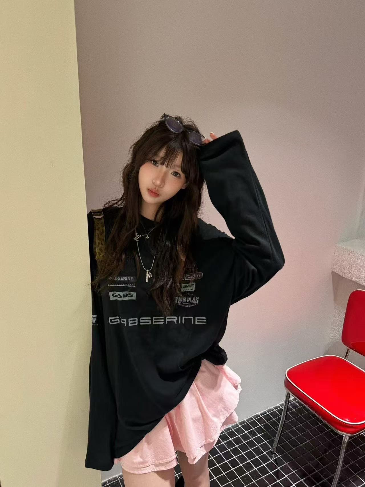 높은 품질 순면 200그램 21 빗질하다 정밀 프린트 가을 루즈핏 긴팔 티셔츠 여성 상세 이미지 1
