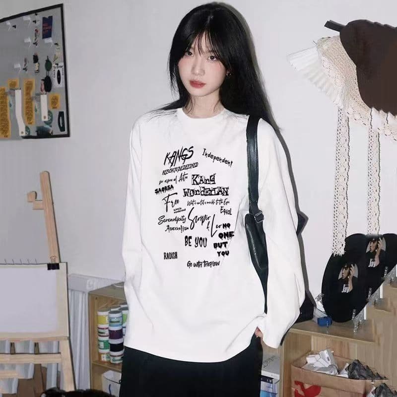 높은 품질 순면 200그램 21 빗질하다 정밀 프린트 가을 루즈핏 긴팔 티셔츠 여성 상세 이미지 1