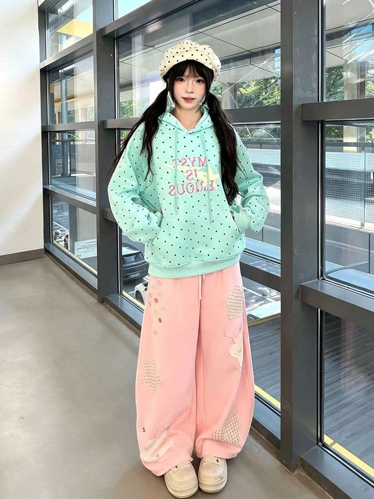 320 그램 순수한 Mianhua 면 복합 헝겊 느낌 프린트 천 도트 무늬 후드티 여성 상세 이미지 1