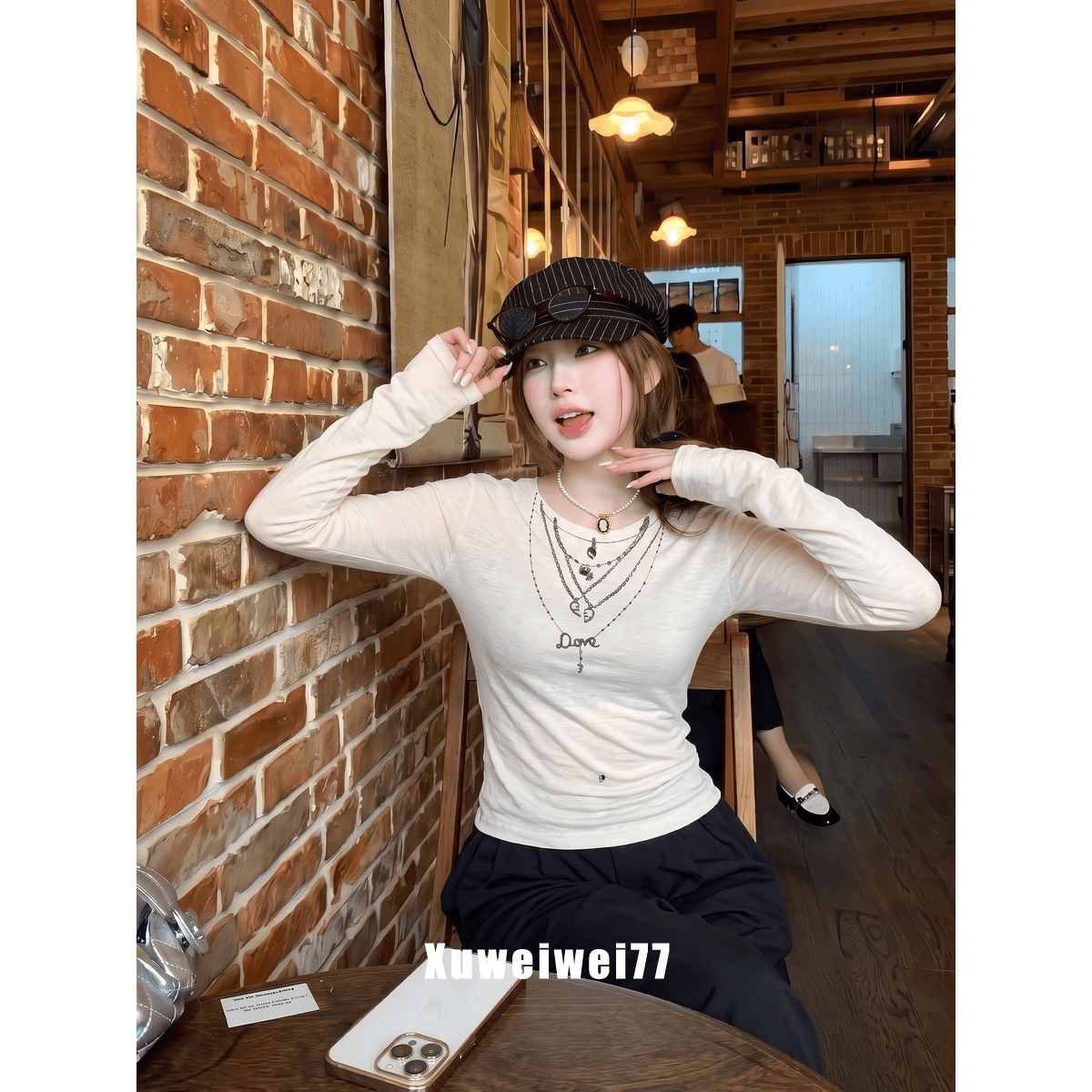 260 그램 사람들 면 한 부서 디자인 센스 목걸이 프린트 라운드 넥 긴팔 티셔츠 여성 가을 긍정적 인 어깨 슬림해 보이는 만나는 맨위 이미지 5