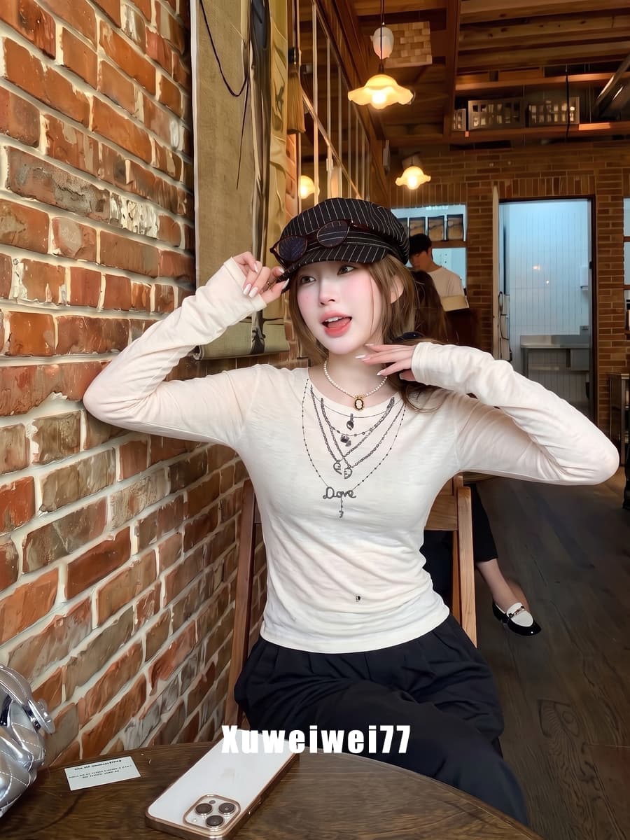 260 그램 사람들 면 한 부서 디자인 센스 목걸이 프린트 라운드 넥 긴팔 티셔츠 여성 가을 긍정적 인 어깨 슬림해 보이는 만나는 맨위 상세 이미지 5