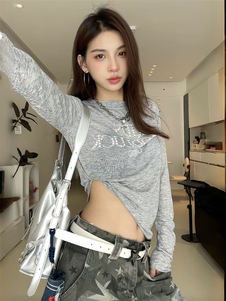 원본 원단 아메리칸 진주 핫픽스 긴팔 티셔츠 여성 이른 가을 몸매 가꾸기 얇은 스타일 자외선 차단 블라우스 가면 tee 맨위 상세 이미지 1