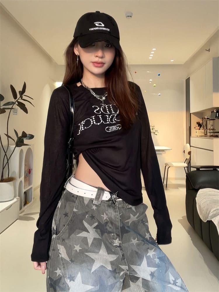 원본 원단 아메리칸 진주 핫픽스 긴팔 티셔츠 여성 이른 가을 몸매 가꾸기 얇은 스타일 자외선 차단 블라우스 가면 tee 맨위 상세 이미지 10