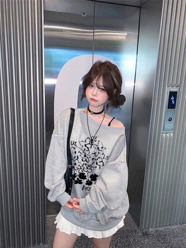 가을 겨울철 아메리칸 레트로 핫걸 비스듬한 어깨 프린트 루즈핏 후드티 여성