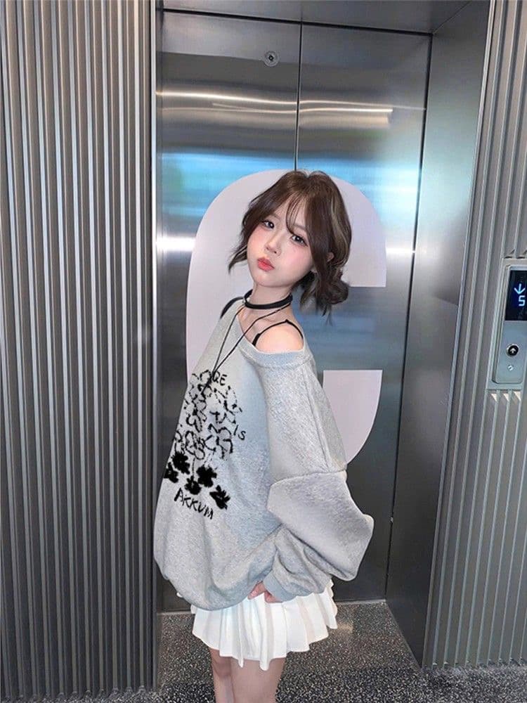 가을 겨울철 아메리칸 레트로 핫걸 비스듬한 어깨 프린트 루즈핏 후드티 여성 상세 이미지 4