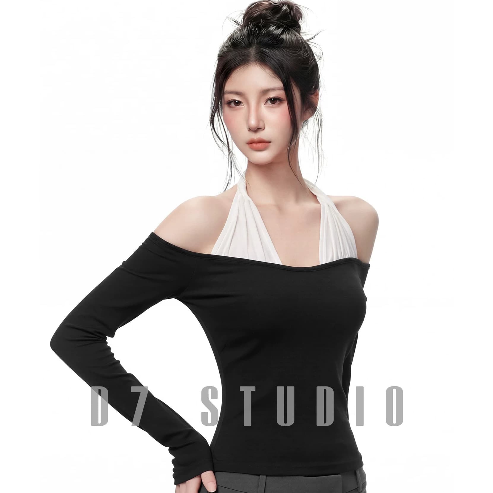 패치워크 디자인 센스 행침 목 백리스 오프숄더 긴팔 티셔츠 여성 한 부서 착용 가져 가라. 새로운 맨위 상세 이미지 2