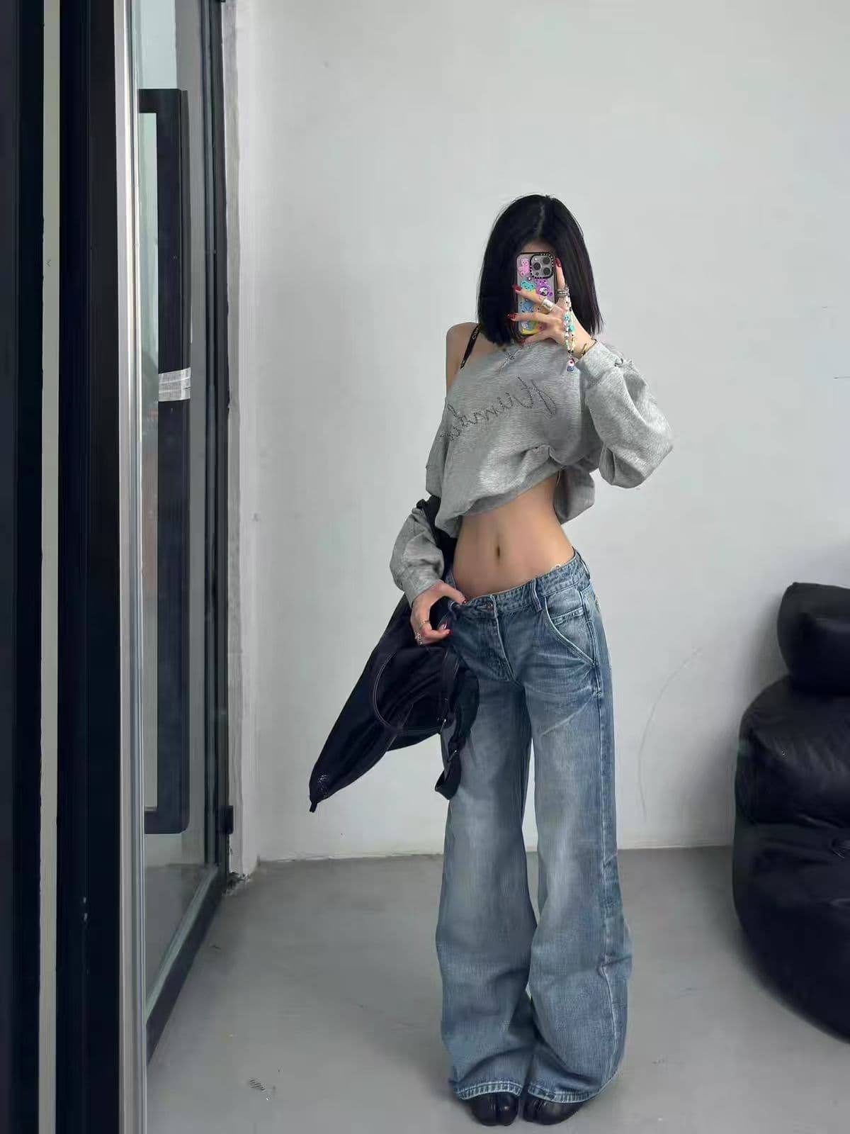 핫픽스 원본 것 아메리칸 핫걸 회색 비스듬한 어깨 후드티 여성 봄 가을 긴팔 오프숄더 맨위 이미지 2