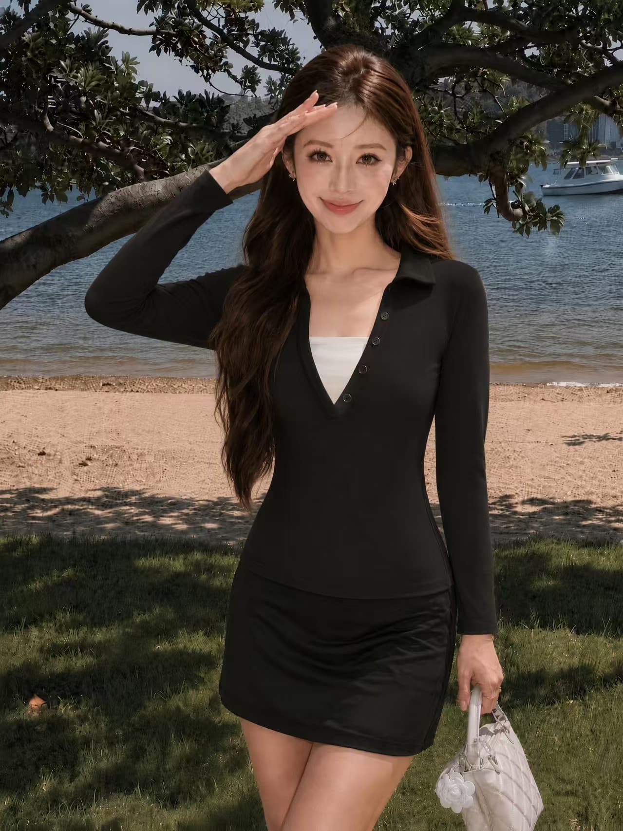 40 순면 210 그램 레트로 페이크 레이어드 배색 POLO 칼라 긴팔 섹시함 핫걸 맨위 상세 이미지 1
