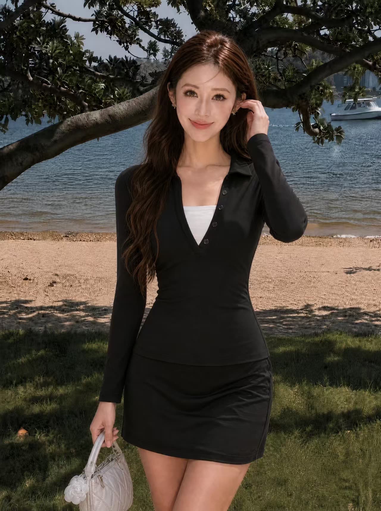 40 순면 210 그램 레트로 페이크 레이어드 배색 POLO 칼라 긴팔 섹시함 핫걸 맨위 상세 이미지 4