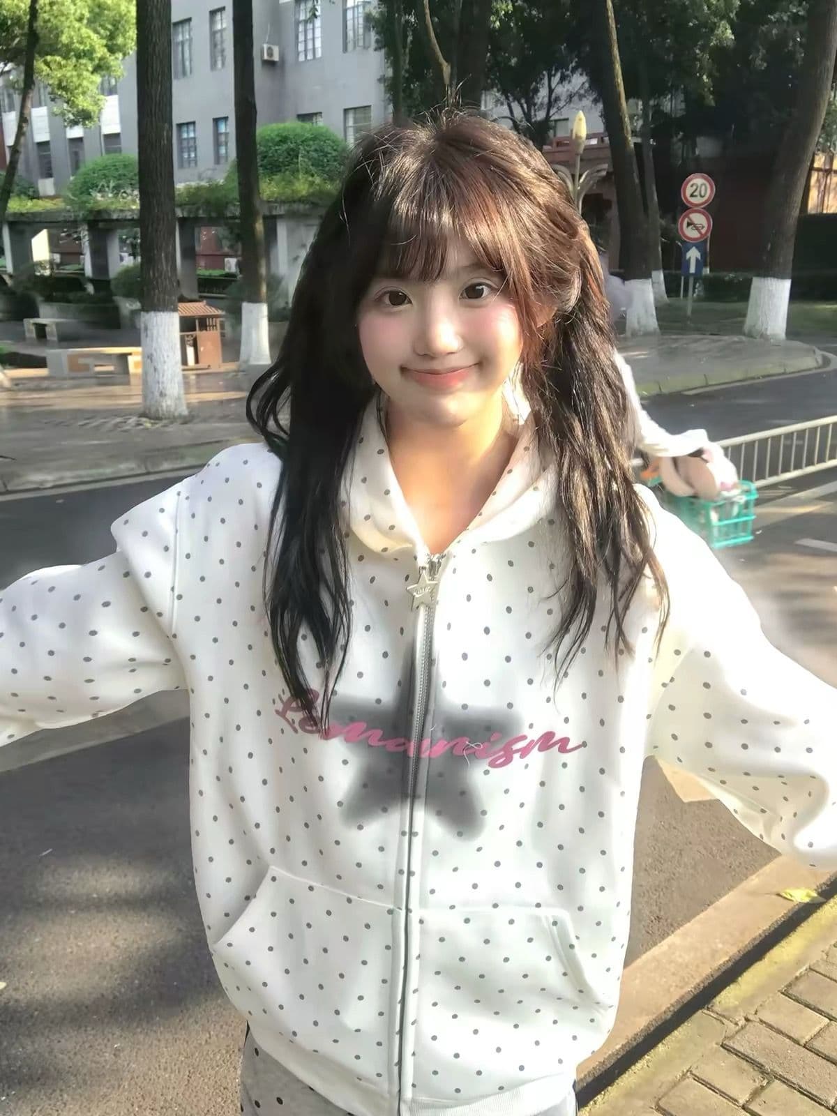 얇은 스타일 털이 있는 오각형 별 지퍼 포밍 프린트 순수한 Mianhua 면 복합 후드티 여성 상세 이미지 1