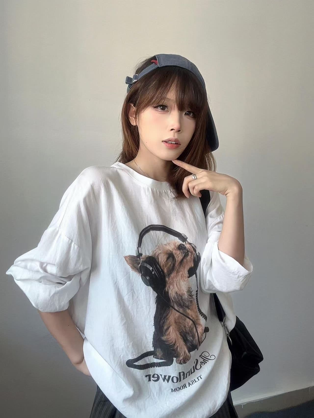 높은 품질 순면 200그램 21 빗질하다 정밀 프린트 가을 루즈핏 긴팔 티셔츠 여성 상세 이미지 2