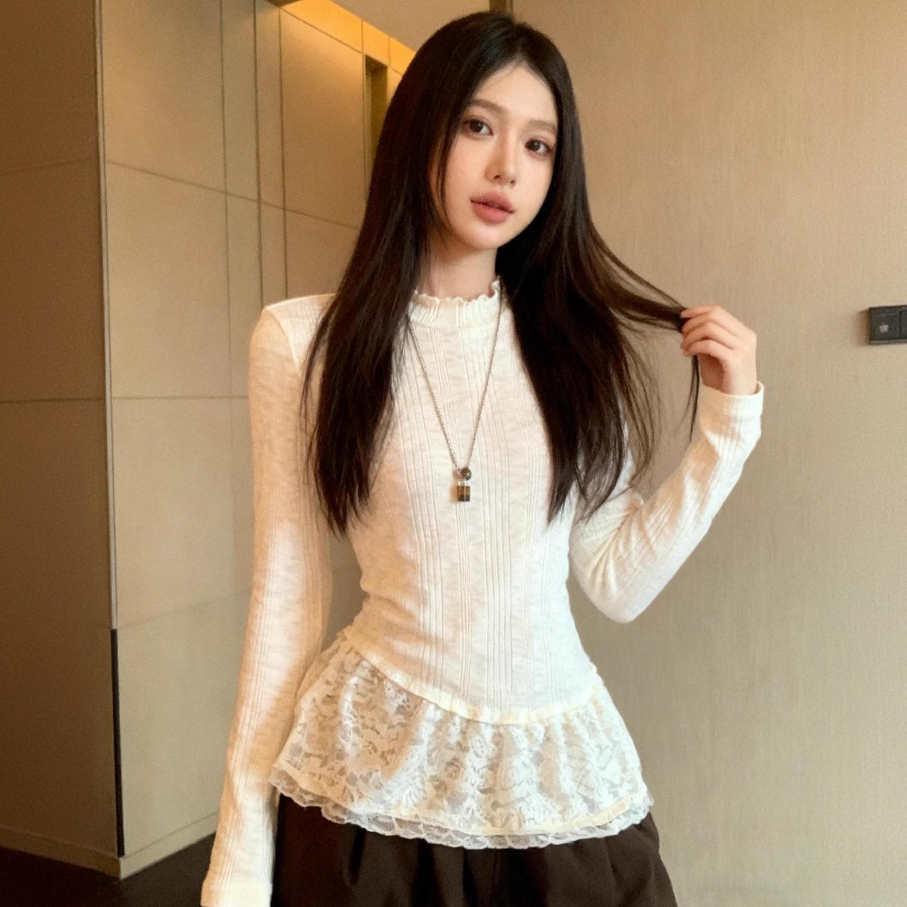 원본 원단 230 크 한 부서 라운드 넥 레이스 레이스 긴팔 고유 한 Chic 몸매 가꾸기 슬림해 보이는 맨위 상세 이미지 3