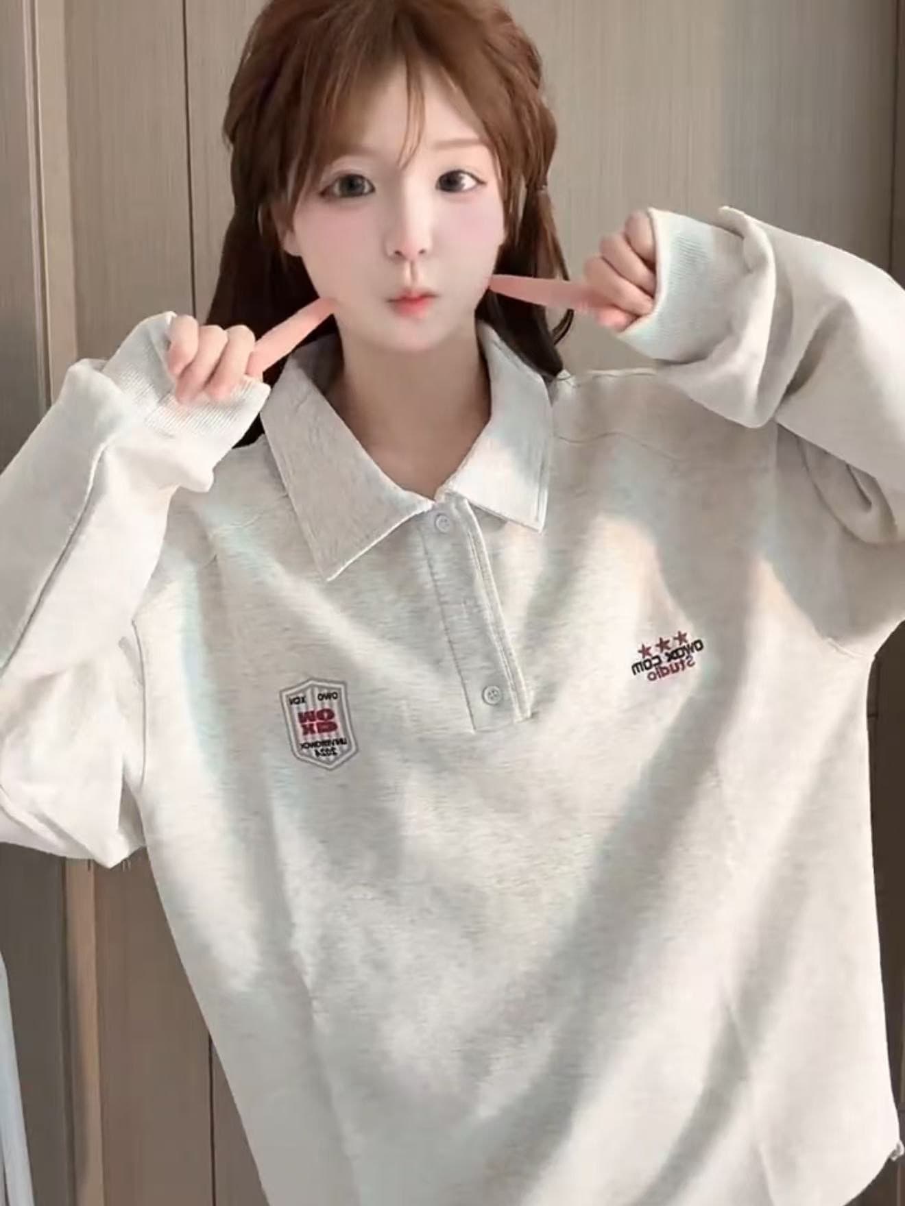 얇은 스타일 원본 압력 라인 자수 밑단 펌프 로프 순수한 Mianhua 면 복합 polo 후드티 여성 상세 이미지 3