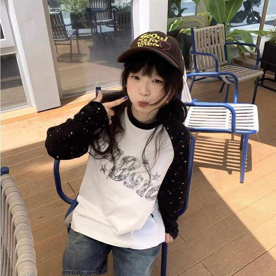 아메리칸 레트로 순면 프린트 긴팔 티셔츠 여성 이미지 4