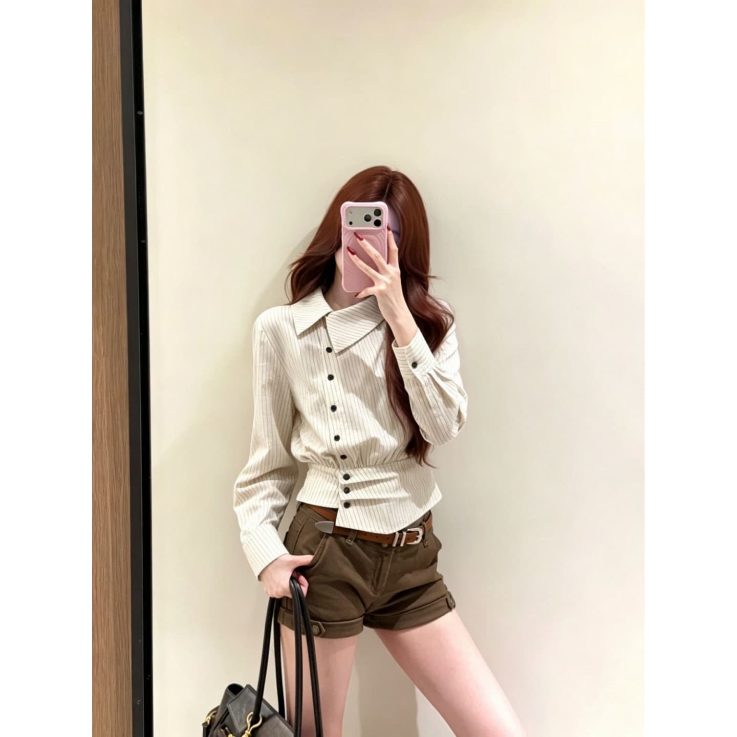 광저우 원본 대나무 마디 면 워터 마크 한 부서 레트로 스트라이프 폴로 칼라 불규칙 맨위 여성 상세 이미지 5