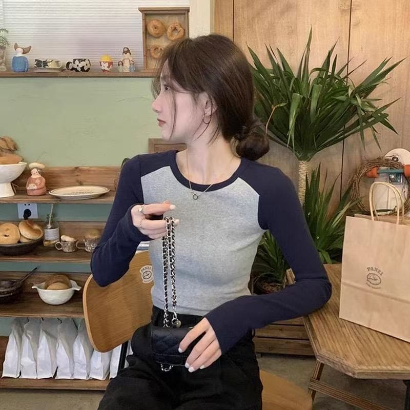 한 부서 배색 디자인 인사이드 가져 가라. 기본 셔츠 맨위 여성 가을 몸매 가꾸기 긴팔 티셔츠 트렌디