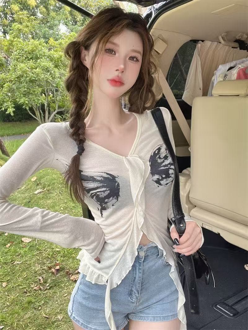 한국 스타일 새로운 검정색 나비 프린트 프릴 긴팔 오픈 가디건 여성 가을 맨위 여성 상세 이미지 4
