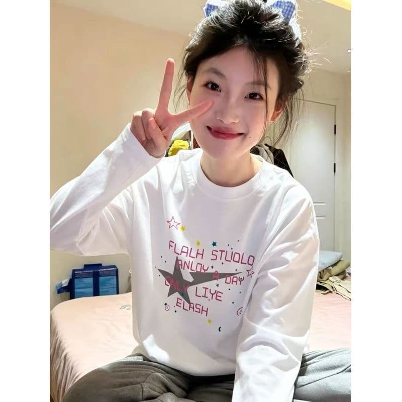 높은 품질 긴팔 티셔츠 21 순면 220 그램 면 이후 패키지 칼라 봄 가을 새로운 라운드 넥 프린트 맨위 상세 이미지 1