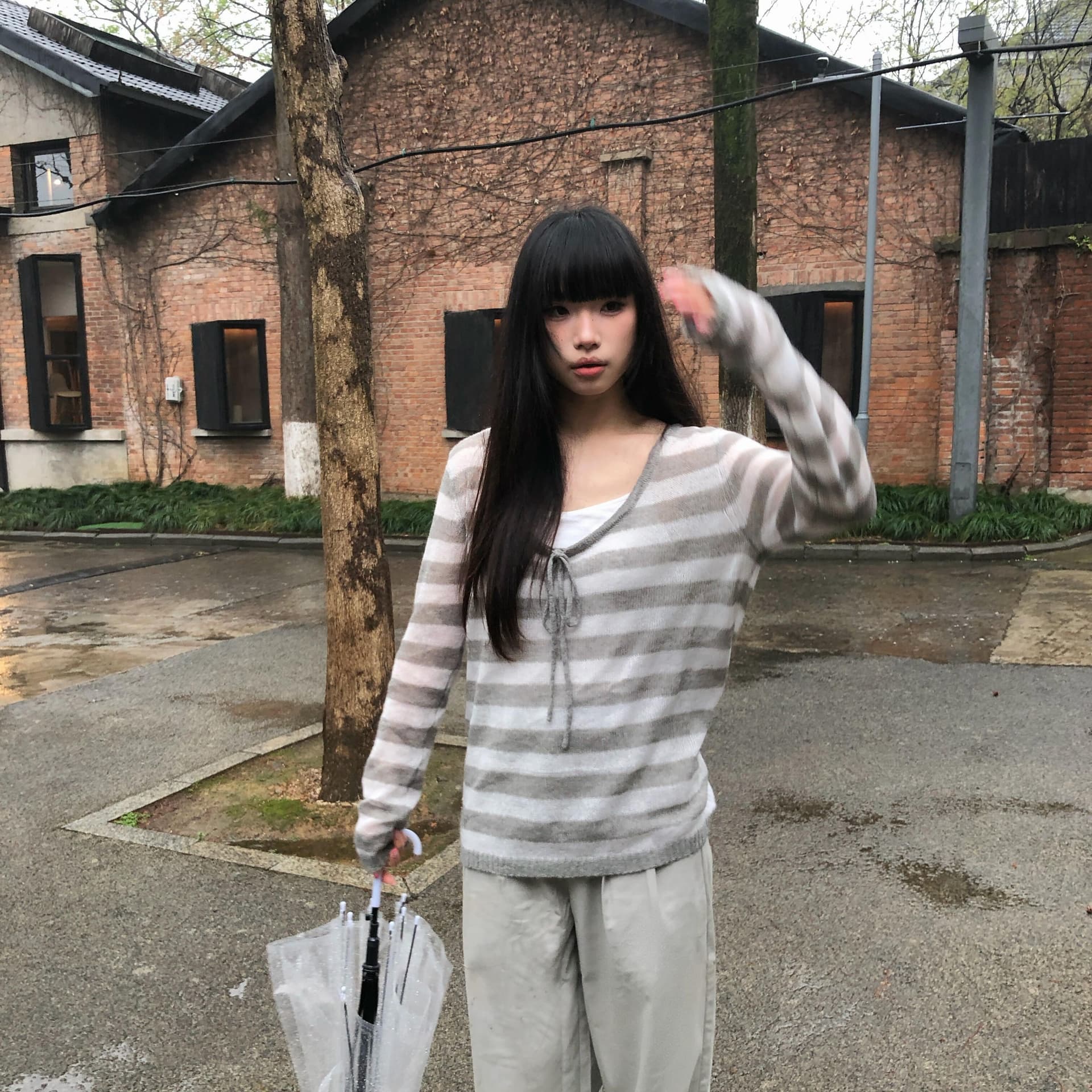 원본 솜씨 펌프 로프 스트라이프 해마 털 니트 하프 ~을 통해 대 칼라 스트라이프 블라우스 여성 이미지 5