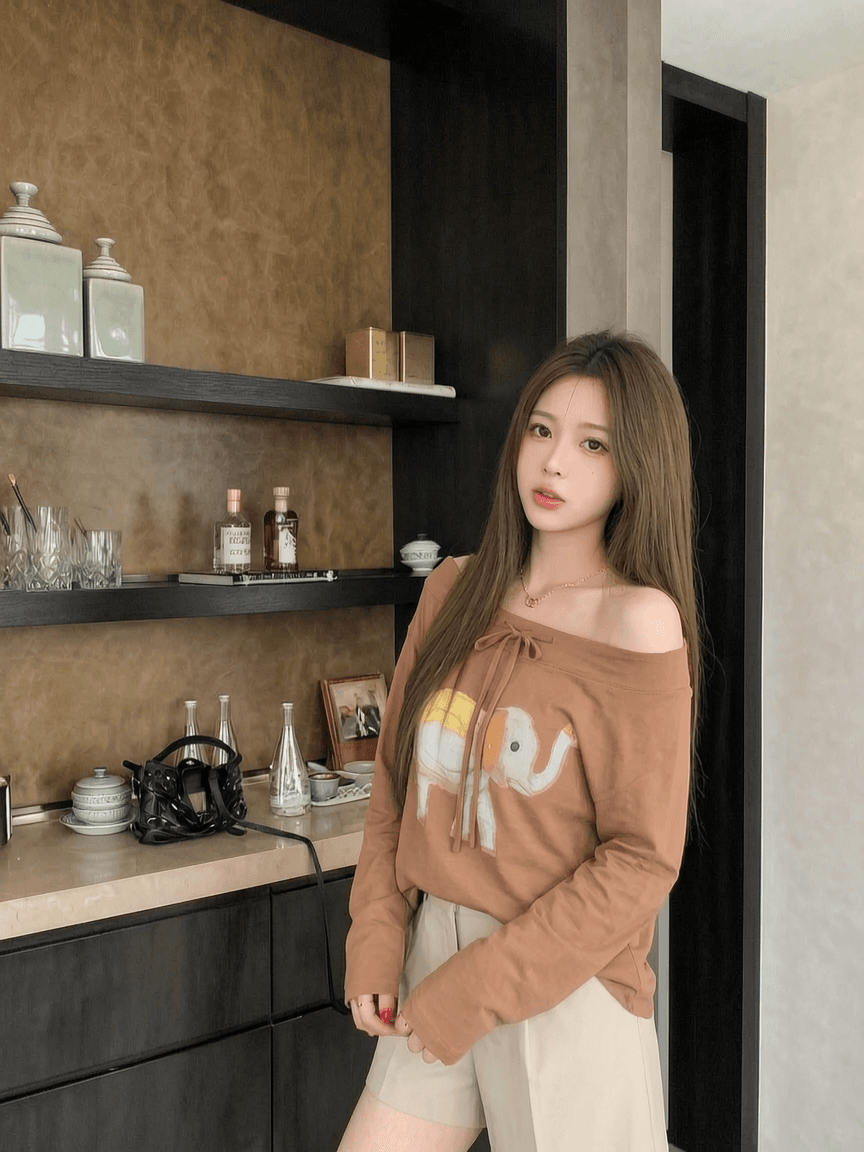 라이 경기 서울 작은 대중 오프숄더 프린트 스트랩 오프숄더 긴팔 티셔츠 여성 루즈핏 맨위 여성 조기 가을 기본 셔츠 이미지 2