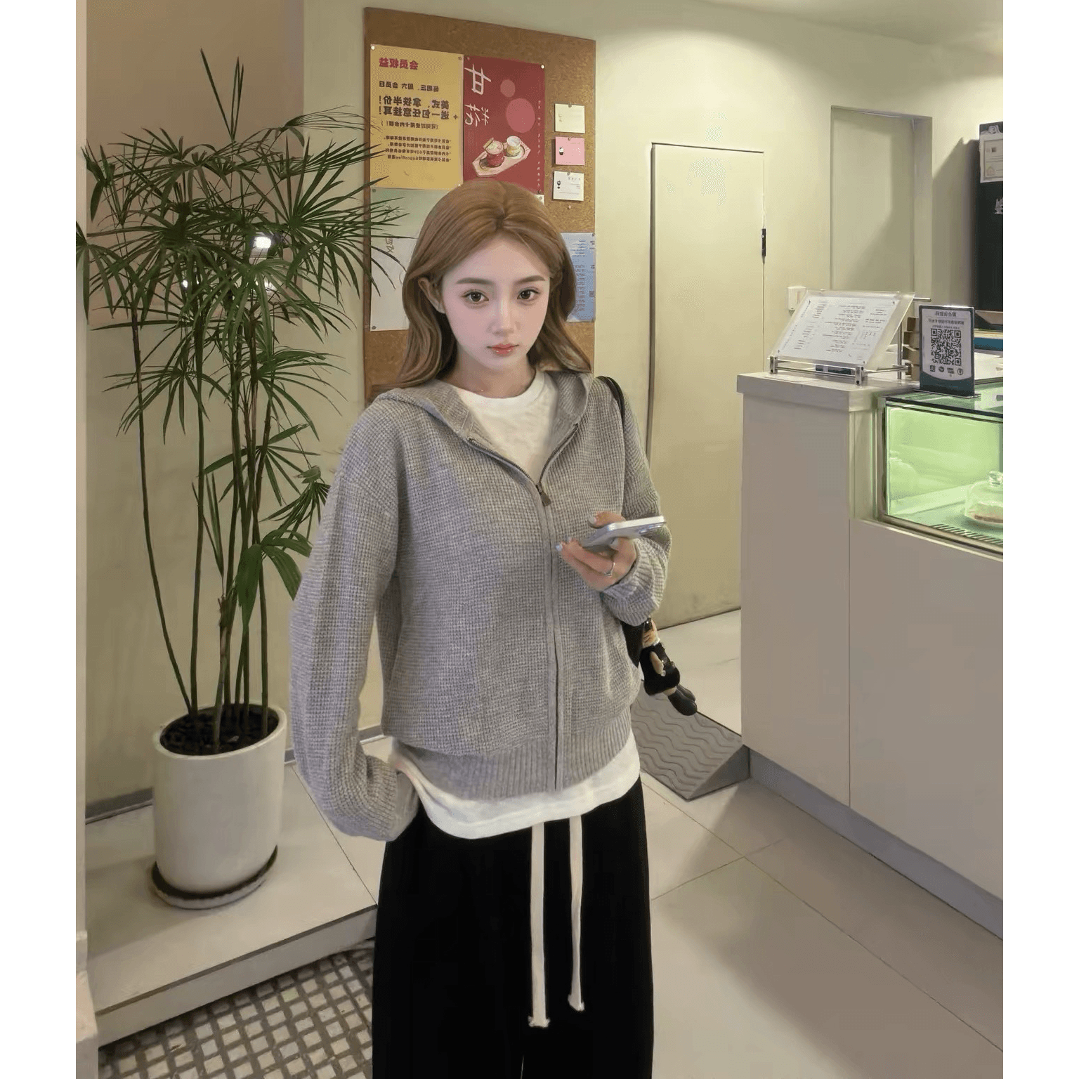 양 플러시 3 차원 후아 남편 그리드 후드 오픈 가디건 여성 레저 다용도 양모 재킷 이미지 5