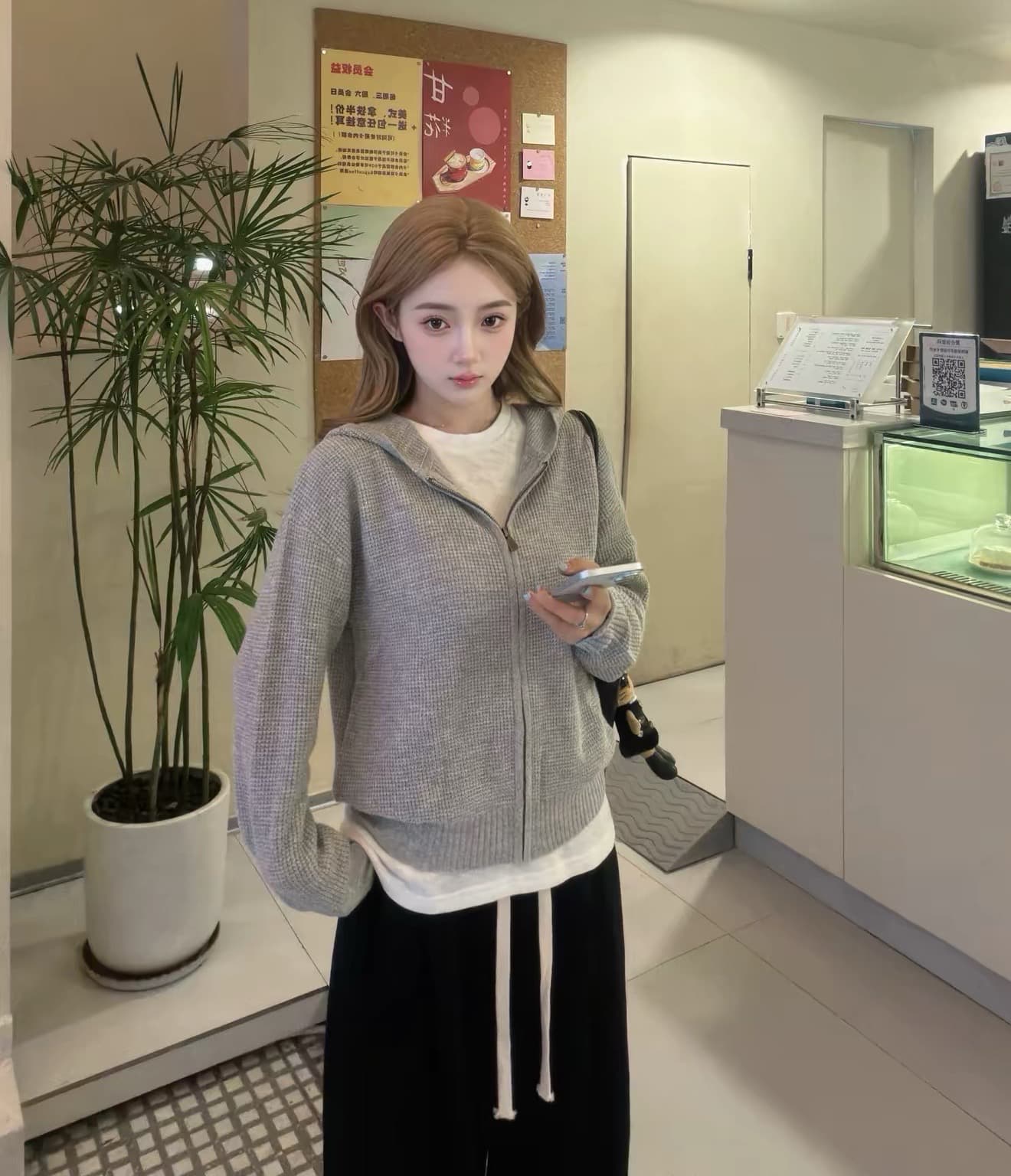 양 플러시 3 차원 후아 남편 그리드 후드 오픈 가디건 여성 레저 다용도 양모 재킷 상세 이미지 7