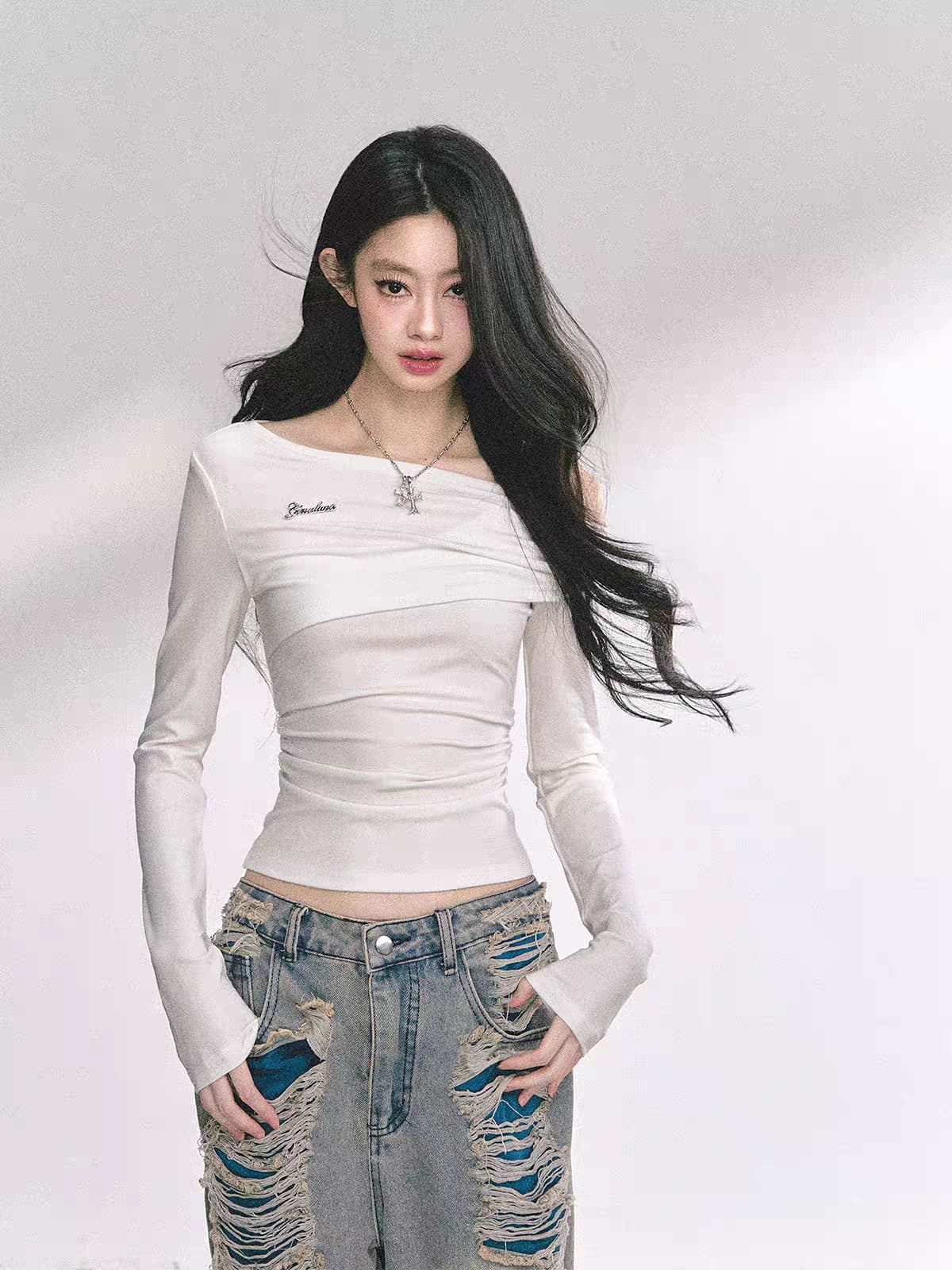사람들 면 와 사고 방식 260 그램 한 부서 비스듬한 칼라 오프숄더 작은 대중 섹시함 기본 셔츠 긴팔 티셔츠 여성 상세 이미지 1