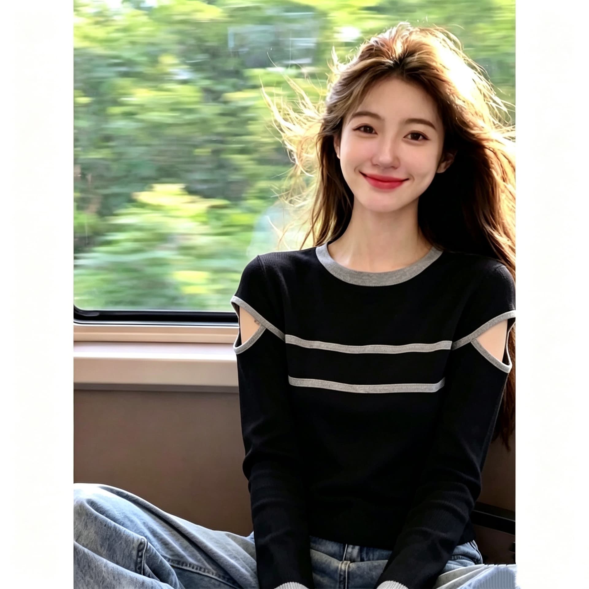 92 면 8 암모니아 Lun 가을 새로운 패션 다용도 라운드 넥 맨위 여성 가스 슬림해 보이는 스트라이프 몸매 가꾸기 슬림해 보이는 맨위