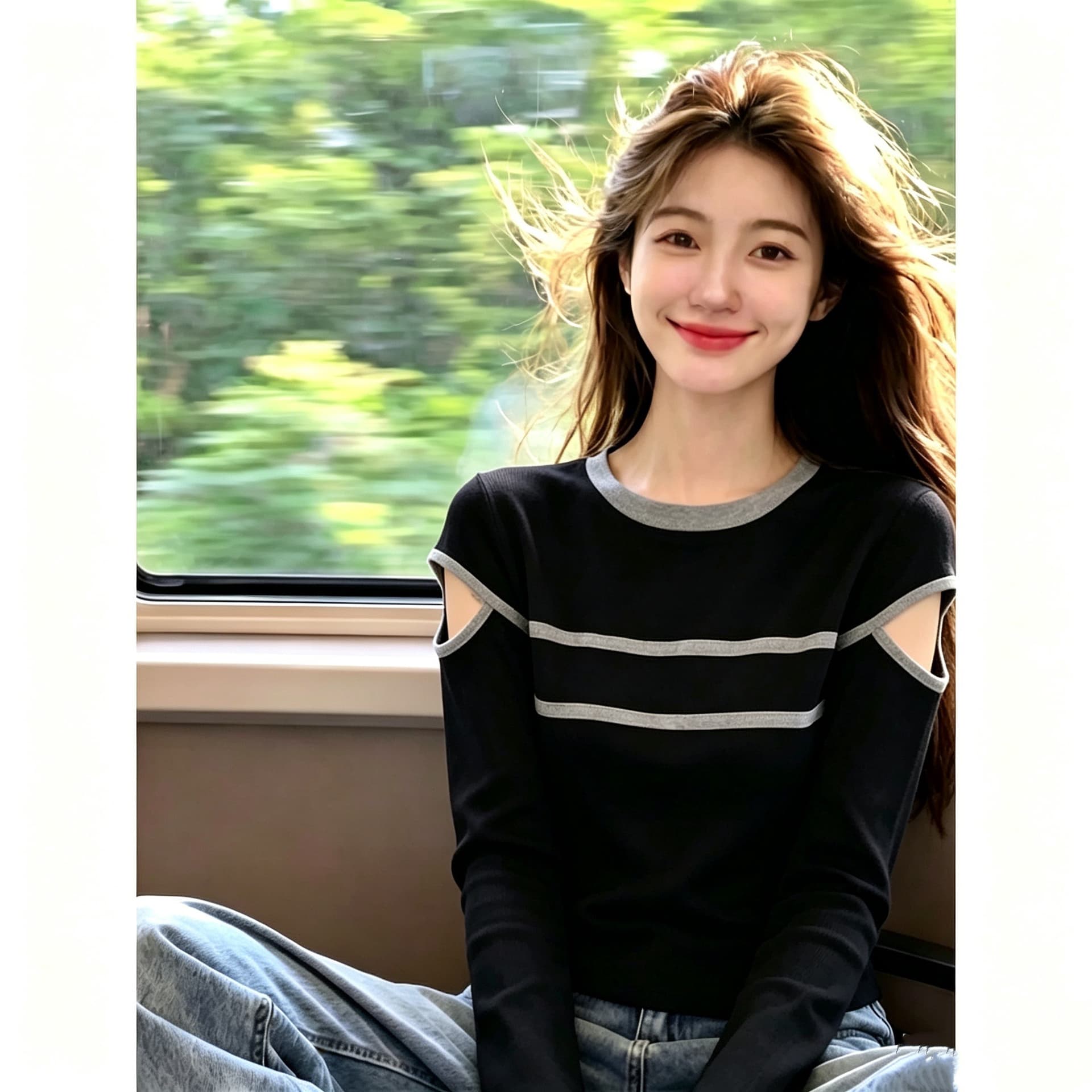 92 면 8 암모니아 Lun 가을 새로운 패션 다용도 라운드 넥 맨위 여성 가스 슬림해 보이는 스트라이프 몸매 가꾸기 슬림해 보이는 맨위 이미지 2