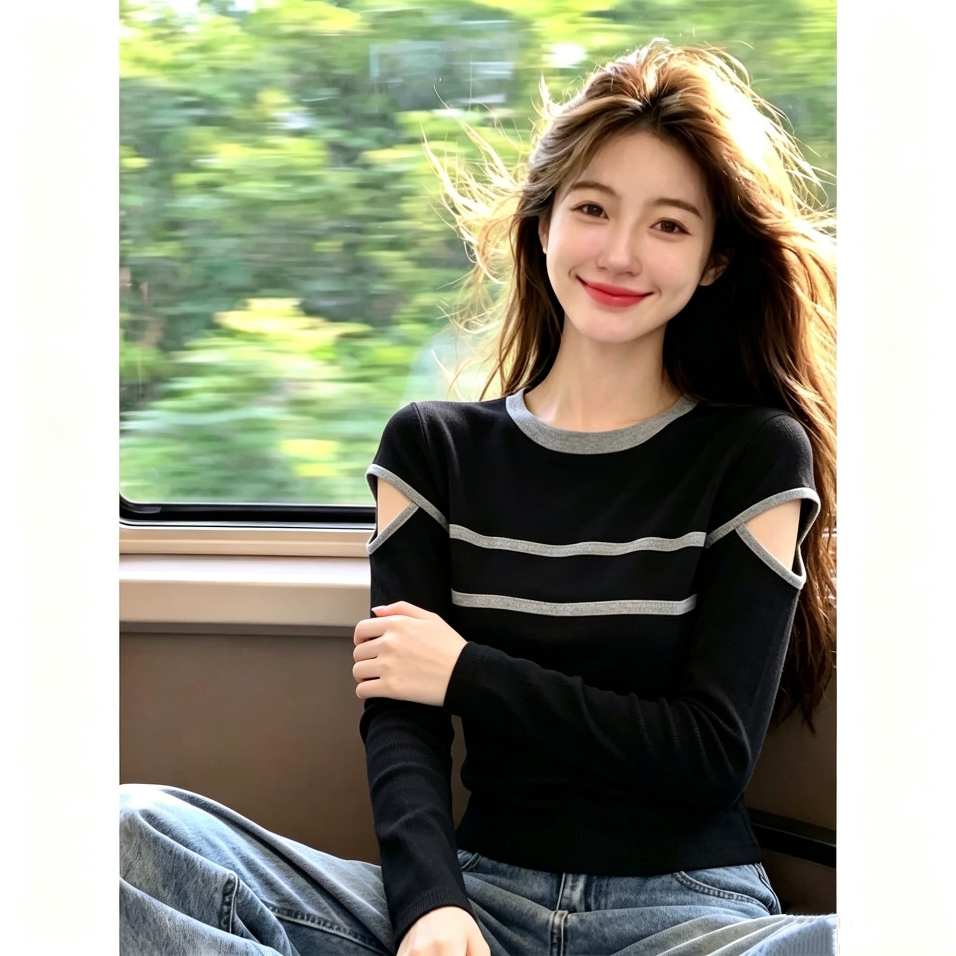 92 면 8 암모니아 Lun 가을 새로운 패션 다용도 라운드 넥 맨위 여성 가스 슬림해 보이는 스트라이프 몸매 가꾸기 슬림해 보이는 맨위 이미지 4