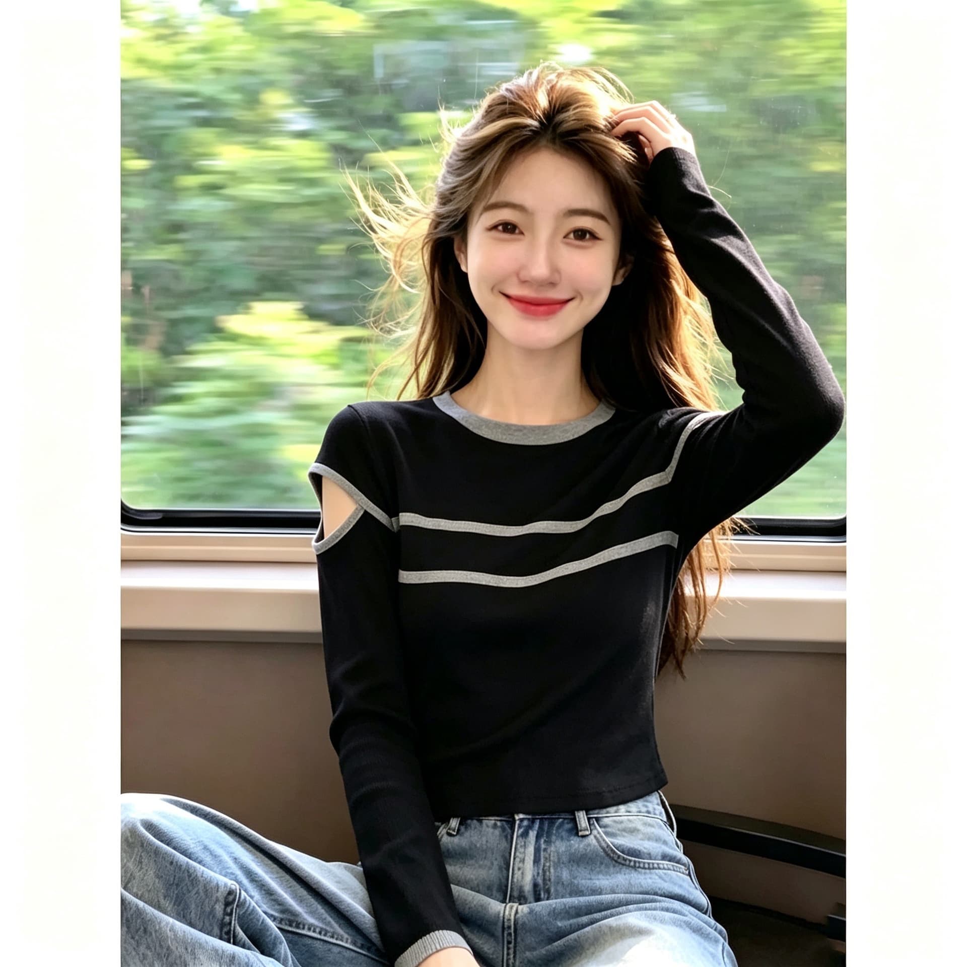 92 면 8 암모니아 Lun 가을 새로운 패션 다용도 라운드 넥 맨위 여성 가스 슬림해 보이는 스트라이프 몸매 가꾸기 슬림해 보이는 맨위 상세 이미지 3