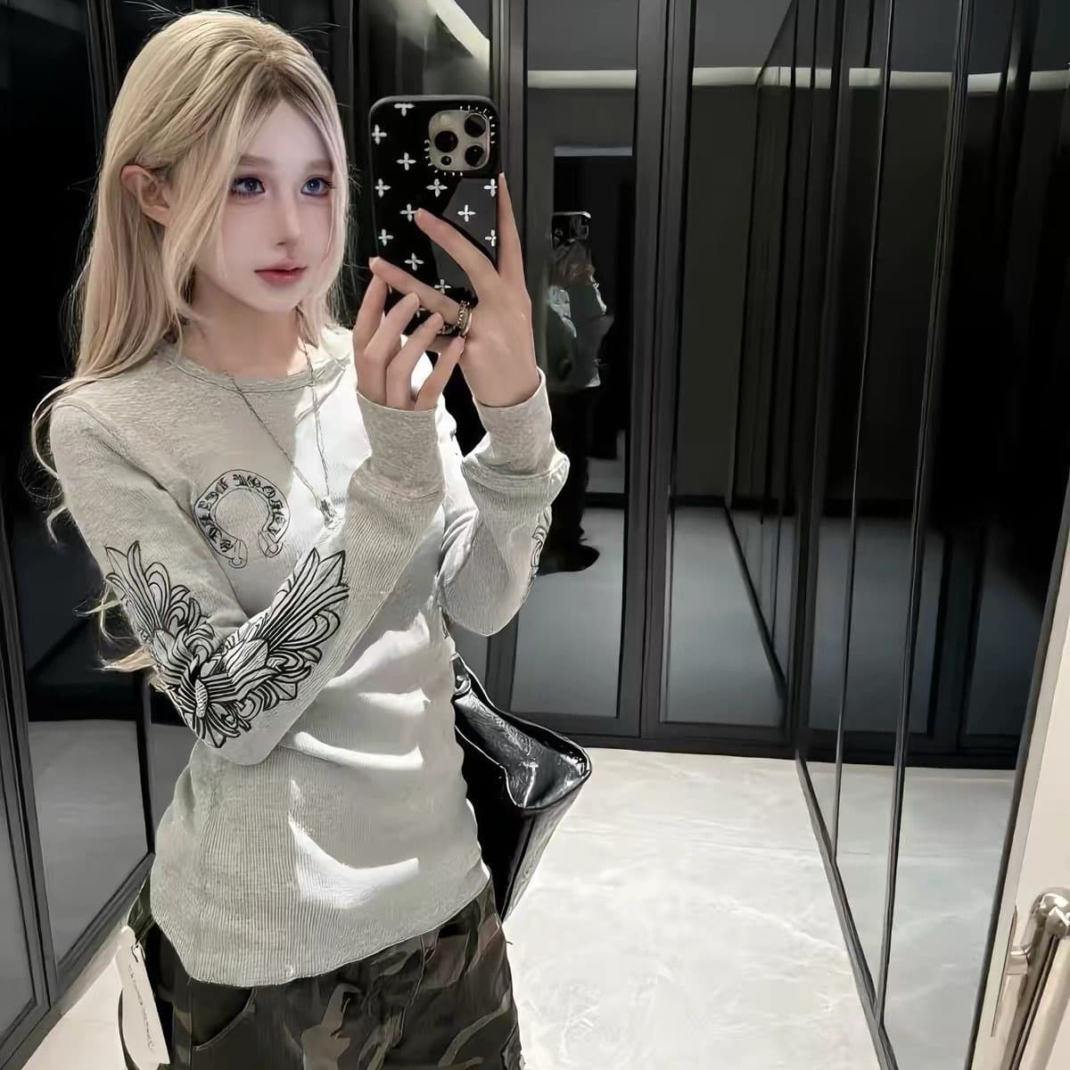아메리칸 레트로 프린트 순면 260 그램 긴팔 티셔츠 여성 이미지 4