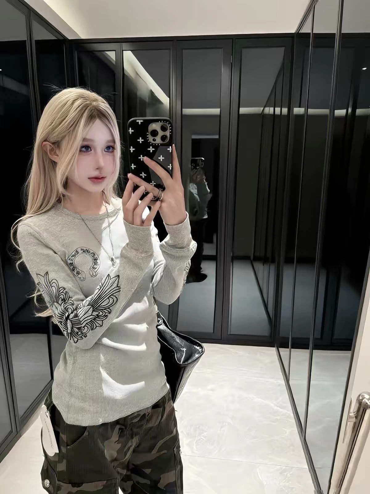아메리칸 레트로 프린트 순면 260 그램 긴팔 티셔츠 여성 상세 이미지 4