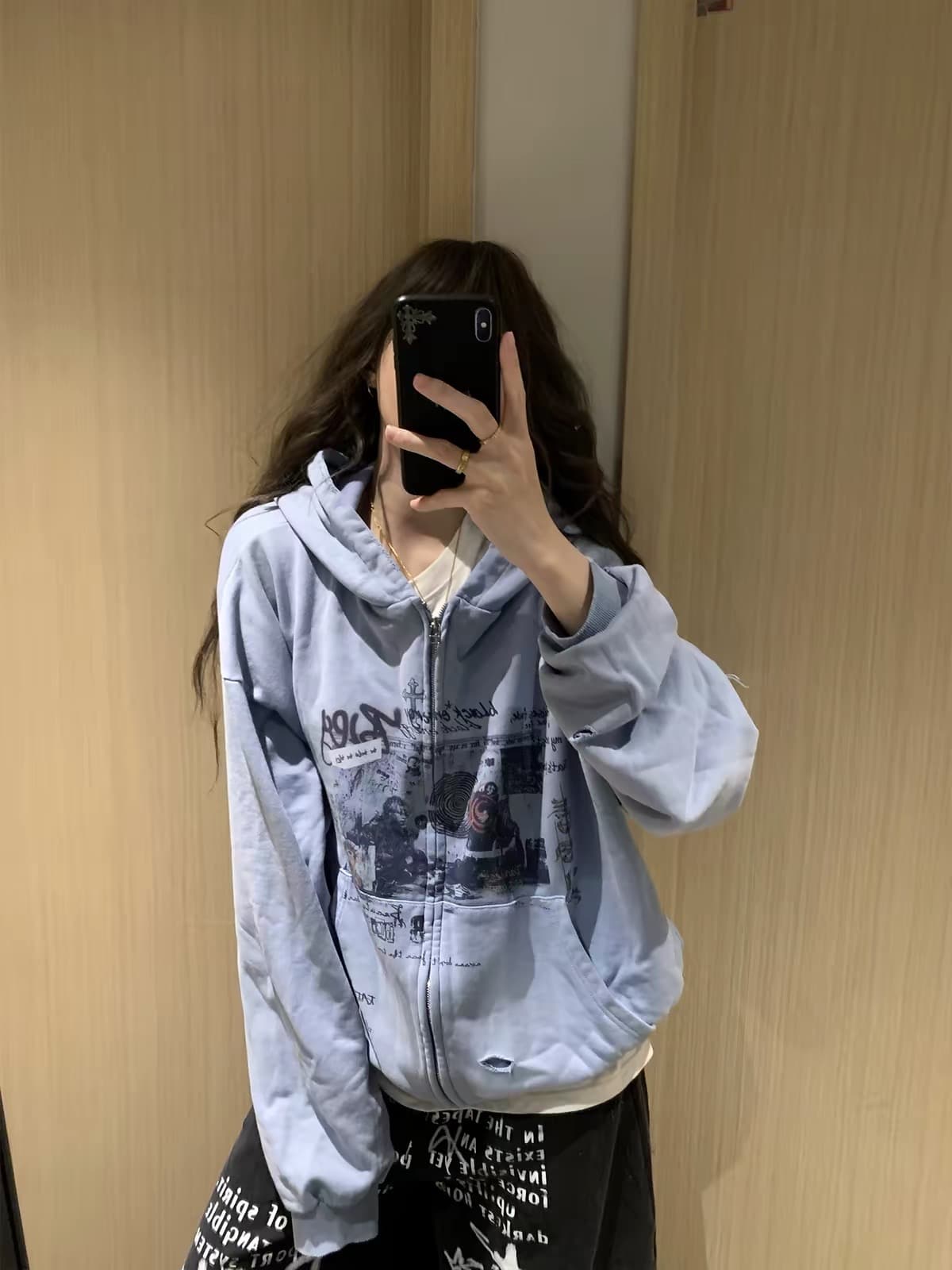 얇은 스타일 순수한 Mianhua 면 복합 프린트 펀칭 후드티 여성 셔츠 이미지 3
