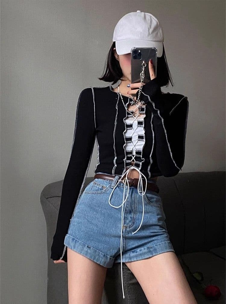 원본 품질 긍정적 인 어깨 티셔츠 여성 아메리칸 레트로 디자인 센스 스트랩 긴팔 맨위 상세 이미지 3