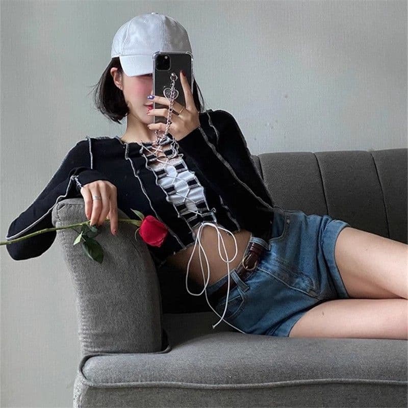 원본 품질 긍정적 인 어깨 티셔츠 여성 아메리칸 레트로 디자인 센스 스트랩 긴팔 맨위 상세 이미지 4