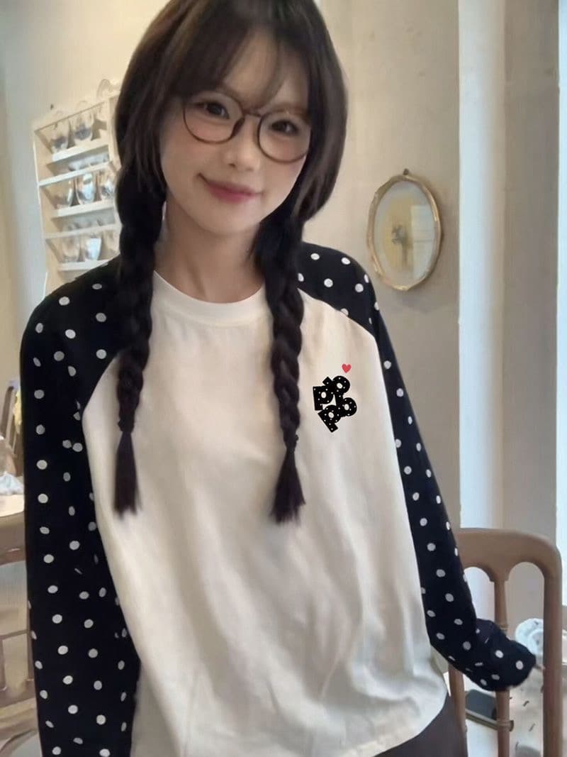 한 부서 순면 도트 무늬 삽입 어깨 긴팔 티셔츠 여성 가을 겨울 새로운 루즈핏 출퇴근 맨위 상세 이미지 3